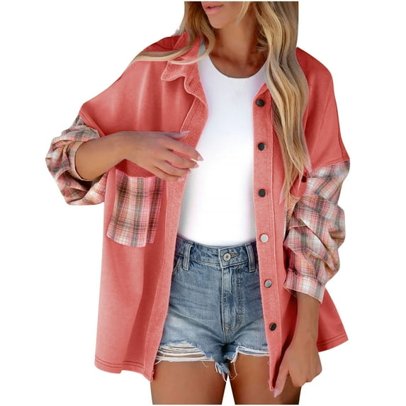 Usmixi 2023 Shacket Coat for Women Womens Shirts Jacket Classic Plaid Patchwork Button Down Lapel Coats Fall Long Sleeve Loose Comfy Flannel Outwear with Pocket Winter Shacket Coat