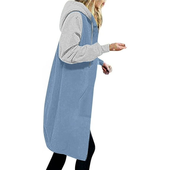 Usmixi 2023 Sweatshirt Coat for Women Womens Long Coat Open Full Zipper Drawstring Hooded Sweater Outwear with Pocket Fashion Color Block Fleece Overcoat Winter Sweatshirt Coat