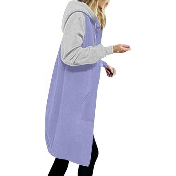 Usmixi 2023 Sweatshirt Coat for Women Womens Long Coat Open Full Zipper Drawstring Hooded Sweater Outwear with Pocket Fashion Color Block Fleece Overcoat Winter Sweatshirt Coat