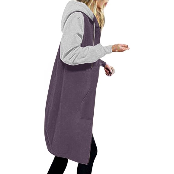 Usmixi 2023 Sweatshirt Coat for Women Womens Long Coat Open Full Zipper Drawstring Hooded Sweater Outwear with Pocket Fashion Color Block Fleece Overcoat Winter Sweatshirt Coat