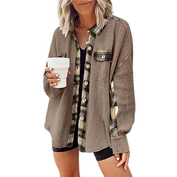 Usmixi Corduroy Jacket for Women Shacket for Women Fashion Plaid Patchwork Lapel Button Down Shirt Coat Long Sleeve Ladies Loose Outwear Top with Pocket Winter Corduroy Jacket