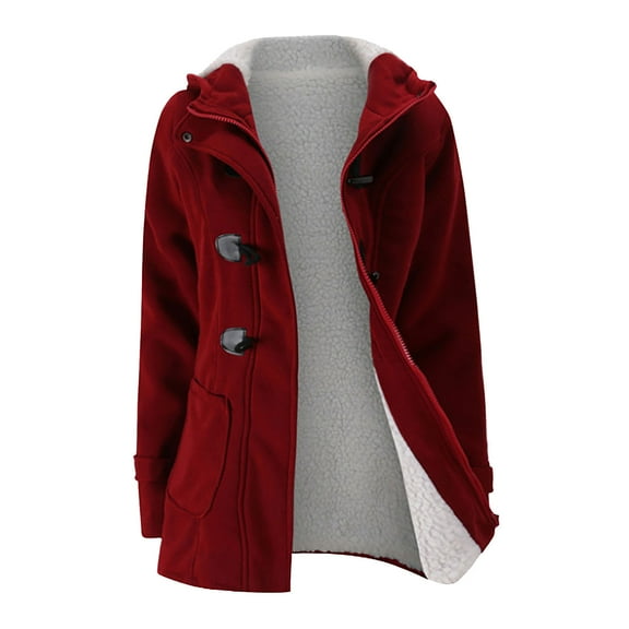 Usmixi Fleece Jacket for Women Womens Plush Lined Coat Fashion Horn Button Solid Hooded Sweater Outerwear Long Sleeve Warm Padded Thickened Coat with Pocket Winter Fleece Jacket