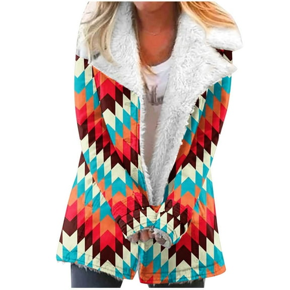 Usmixi Plush Coat for Women Trench Coat for Women Soft Cozy Fleece Lined Long Sleeve Overcoat Fashion Geometric Graphics Button Down Lapel Outerwear with Pocket Winter Plush Coat
