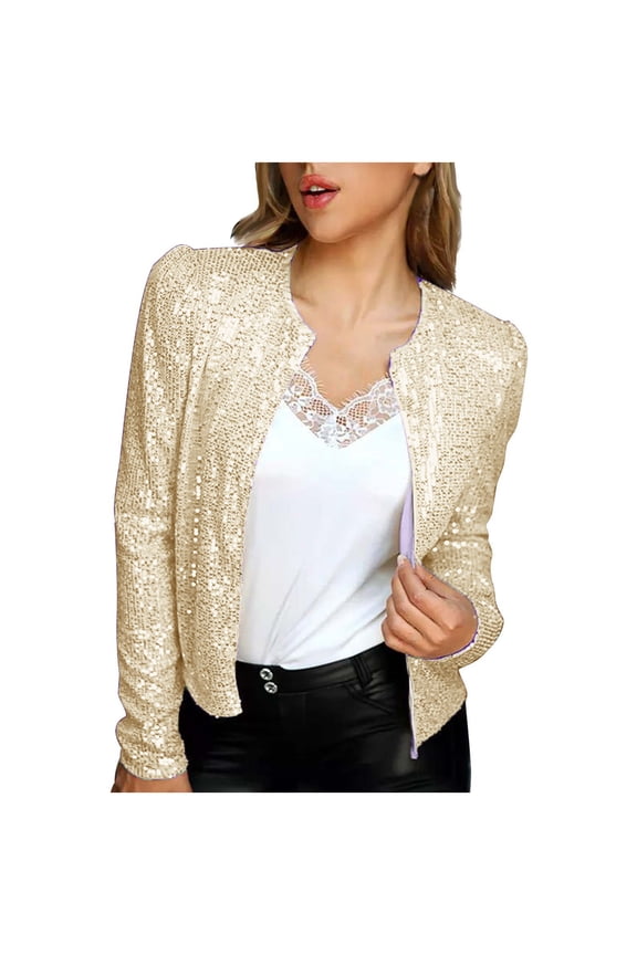 Usmixi Sequin Jacket for Women Club Sequin Coat for Women Night Party Fashion Sparkly Cropped Jackets Plus Size Lightweight Stand Neck Zipper Blazer Outerwear Winter Sequin Jacket