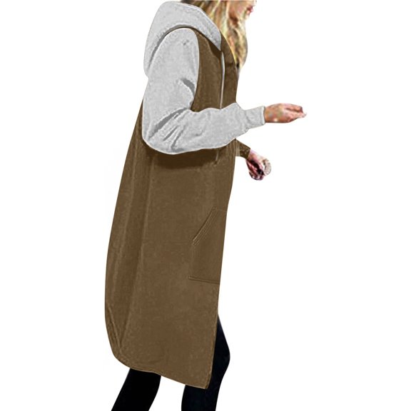 Usmixi Sweatshirt Coat for Women Long Coat for Women Fashion Color Patchwork Drawstring Hooded Sweater Outwear Pocket Open Front Zipper Padded Fleece Overcoat Winter Sweatshirt Coat