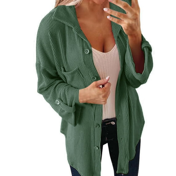 Usmixi Weekly Deals Winter Corduroy Jacket for Women Womens Shacket Coat Long Sleeve Button Down Lapel Casual Solid Shirt Jacket Loose Pocket Fall Comfy Outerwear Corduroy Jacket Under $5