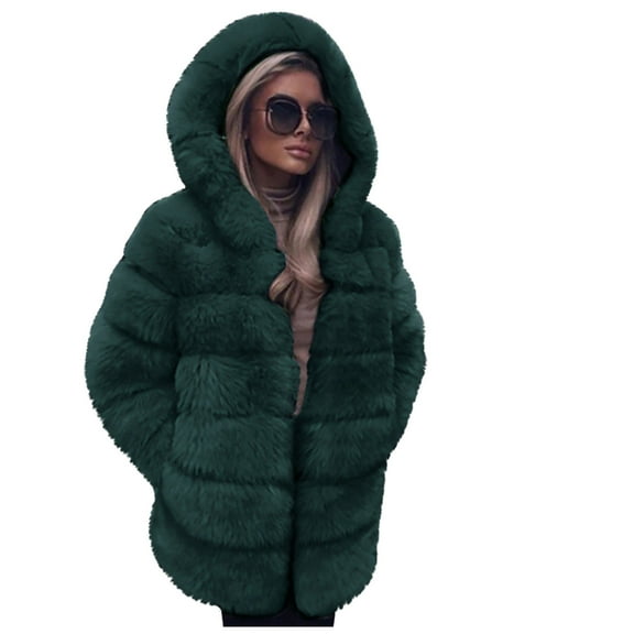 Usmixi Winter Faux Fur Coat for Women Fluffy Plush Coat for Women Plus Size Fuzzy Fleece Open Front Hooded Outerwear Casual Solid Fuzzy Fleece Jacket with Pocket Faux Fur Coat Under $5