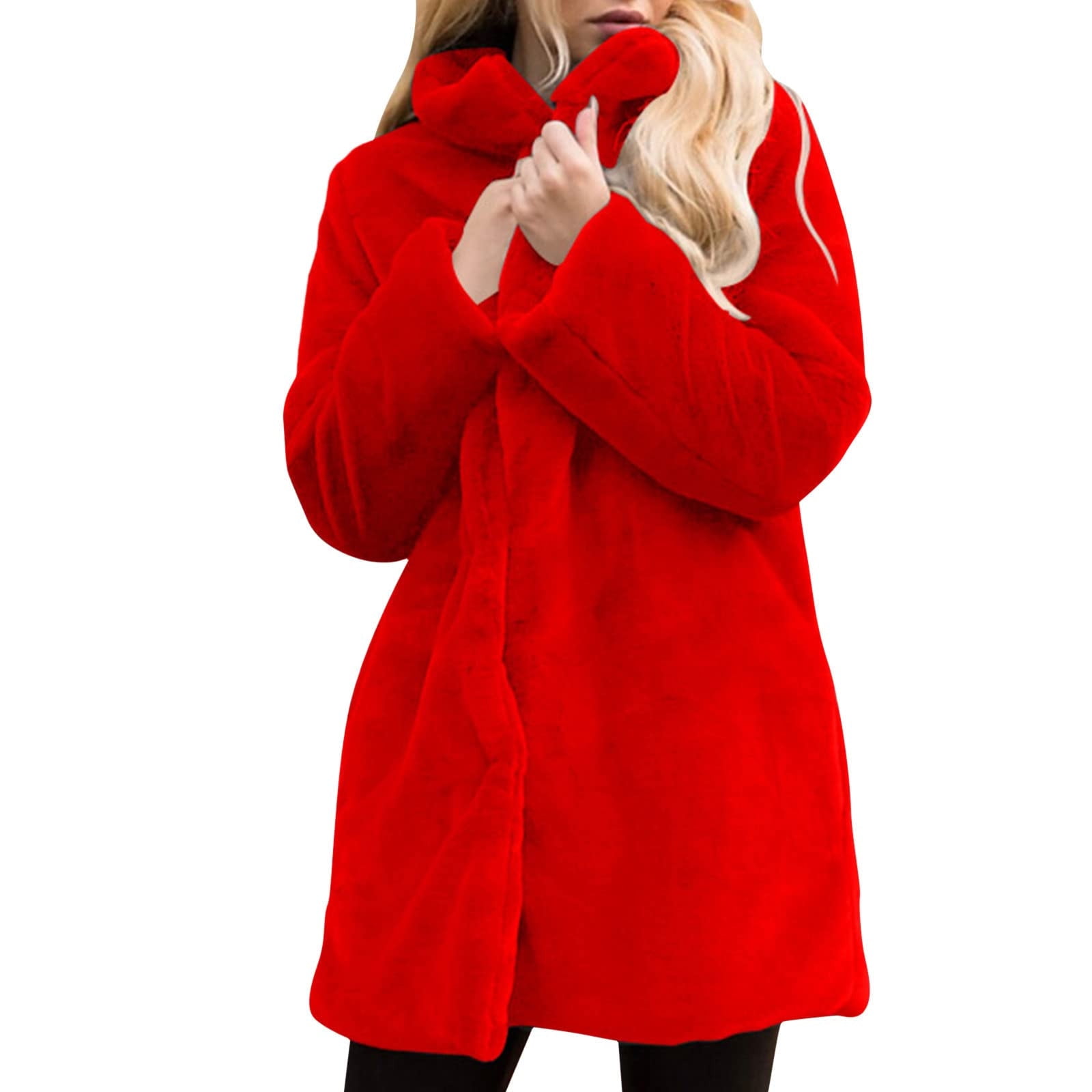 Women’s Full Length Coat – Oversized Fit – Plush Faux Fur – Wide Lapel – Button Front