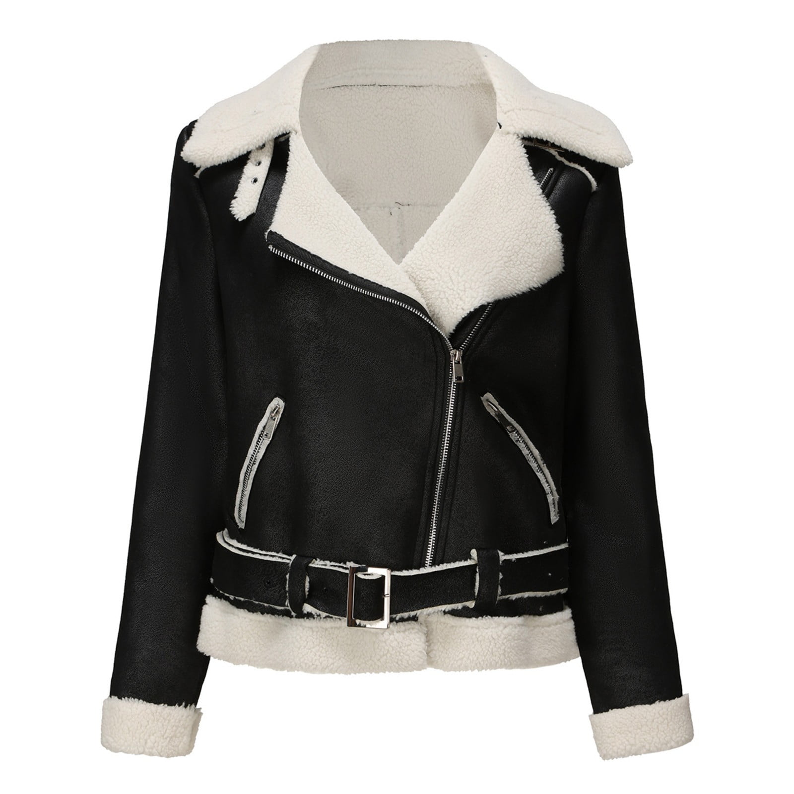 Usmixi Winter Faux Leather Jacket for Women Womens Suede Jacket Plus Size Fashion Side Zip Fuzzy Fleece Coats Casual Solid Pocket Bomber Outwear with Belt Faux Leather Jacket