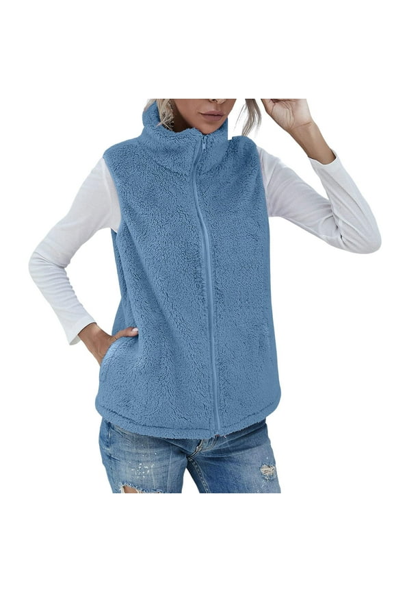 Usmixi Winter Fleece Vest for Women Fuzzy Fleece Jacket for Women Plus Size Casual Solid Open Zipper Sleeveless Coats Stand Neck Fluffy Plush Coats Outwear Casual Fleece Vest