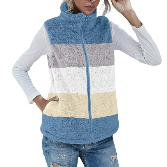 Usmixi Winter Fleece Vest for Women Fuzzy Fluffy Sherpa Jacket for Women Plus Size Open Front Zip Fleece Coats Fashion Color Block Stand Neck Sleeveless Outwear Fleece Vest Under $5