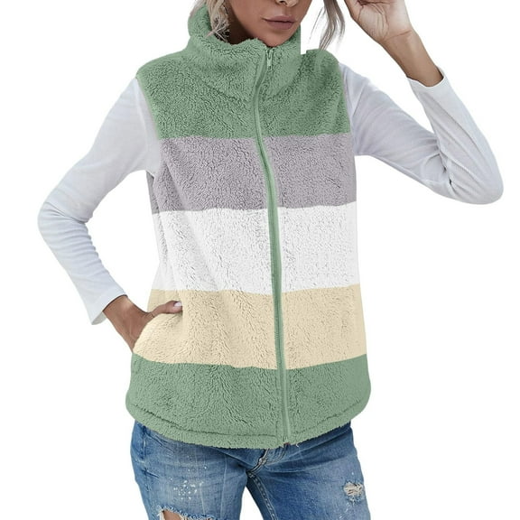 Usmixi Winter Fleece Vest for Women Fuzzy Fluffy Sherpa Jacket for Women Plus Size Open Front Zip Fleece Coats Fashion Color Block Stand Neck Sleeveless Outwear Fleece Vest Under $5