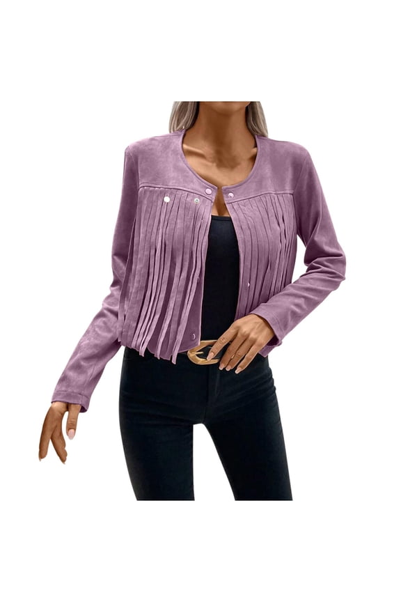 Usmixi Winter Fringe Jacket for Women Suede Coats for Women Party Club Fashion Solid Tassel Cropped Coat Long Sleeve Button Fall Lightweight Faux Leather Outwear Fringe Jacket Under $5