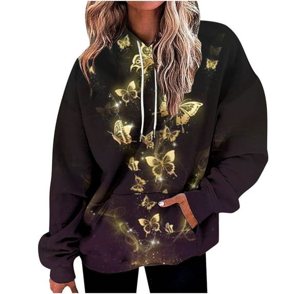 Usmixi Winter Hoodies for Women Womens Hooded Sweatshirt Plus Size Loose Fashion Pocket Drawstring Pullover Hoodie Sweater Casual Butterfly Print Hoodies 2023 Fall Long Sleeve Tops