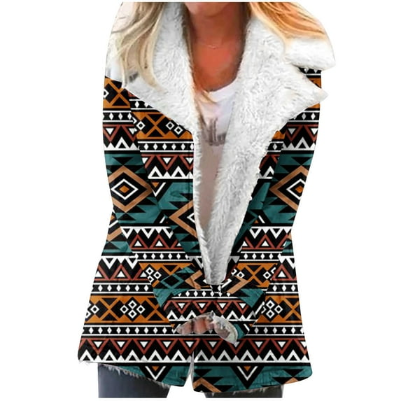 Usmixi Winter Plush Coat for Women Overcoat for Women Vintage Western Graphics Lapel Button Coats Warm Thickened Padded Fleece Lined Outerwear with Pocket Casual Plush Coat