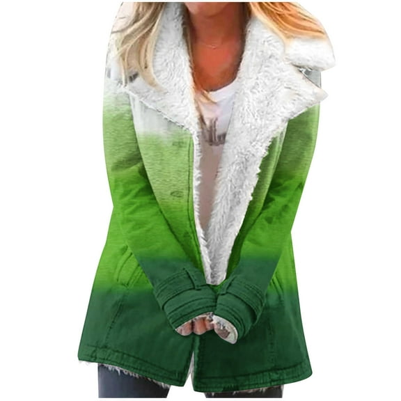 Usmixi Winter Plush Coat for Women Trench Coat for Women Fashion Gradient Print Padded Thickened Fleece Lined Overcoat Open Front Lapel Loose Jacket with Pocket Casual Plush Coat