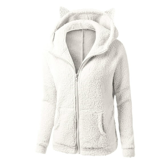 Usmixi Winter Plush Coat for Women Womens Fluffy Sherpa Coats Open Front Zip Cute Cat Ear Hooded Sweatshirt Outwear Casual Solid Fuzzy Fleece Jacket with Pocket Plush Coat