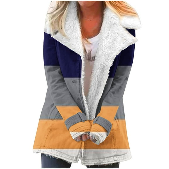 Usmixi Winter Plush Coat for Women Womens Trench Coat Fashion Color Patchwork Button Lapel Overcoat Fall Warm Thickened Cozy Fleece Lined Outwear with Pocket Plush Coat
