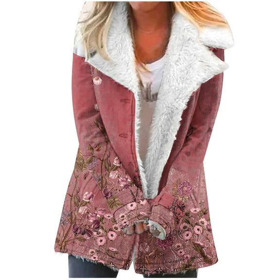 Usmixi Winter Plush Jacket for Women Womens Overcoat Lapel Warm Thickened Soft Fleece Lined Coat Long Sleeve Vintage Floral Print Button up Plush Outerwear Plush Jacket Under $5