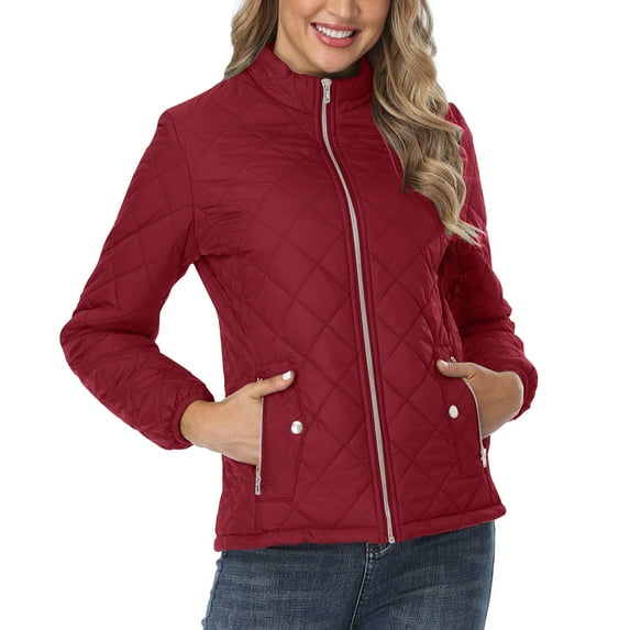 Usmixi Winter Quilted Jacket for Women Puffer Coat for Women Open Front Zipper Stand Neck Warm Cotton Down Jacket Casual Solid Long Sleeve Pocket Padded Outwear Casual Quilted Jacket