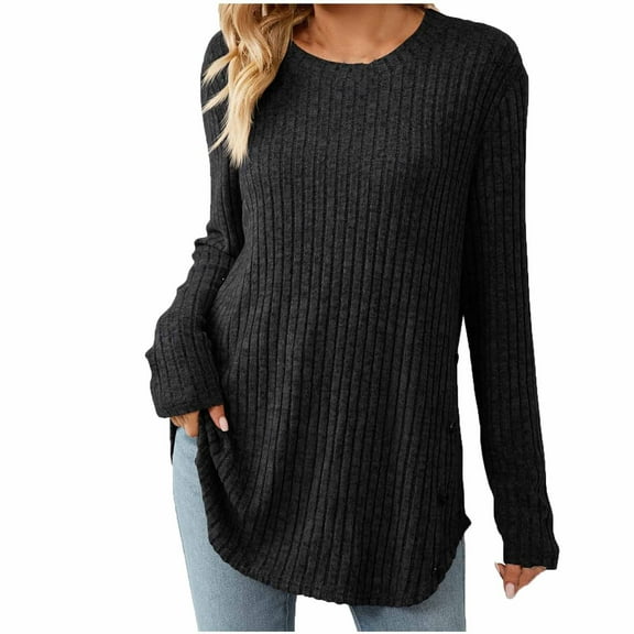 Usmixi Winter Sweater for Women Knitted Pullover Tops for Women Loose Casual Round Neck Thin Lightweight Sweater Tunic Casual Solid Sweater Fall Long Sleeve Tops 2025