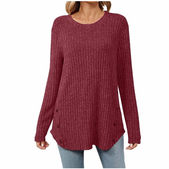 Usmixi Winter Sweater for Women Knitted Pullover Tops for Women Loose Casual Round Neck Thin Lightweight Sweater Tunic Casual Solid Sweater Fall Long Sleeve Tops 2023