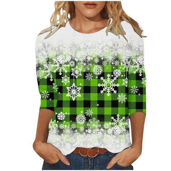 Usmixi Winter Tee Shirts for Women Christmas Shirts for Women Casual Round Neck Xmas Classic Plaid Pullover Blouses Casual Snowflake Print Tee Shirts Fall 3/4 Sleeve Tops 2023