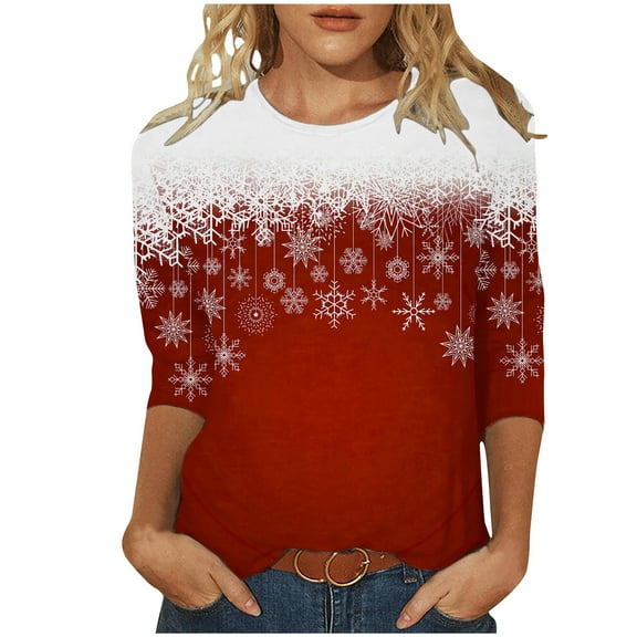 Usmixi Winter Tee Tops for Women Womens Christmas Shirts Merry Xmas Round Neck Lightweight Ladies Pullover Blouses Casual Snowflake Print Tee Tops Fall 3/4 Sleeve Tops