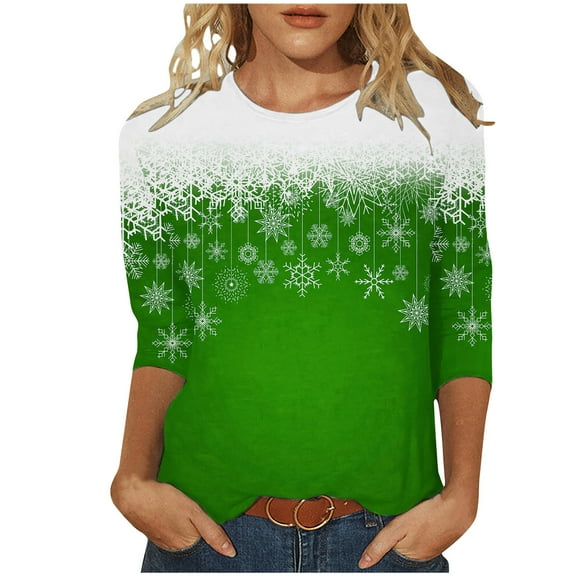 Usmixi Winter Tee Tops for Women Womens Christmas Shirts Merry Xmas Round Neck Lightweight Ladies Pullover Blouses Casual Snowflake Print Tee Tops Fall 3/4 Sleeve Tops