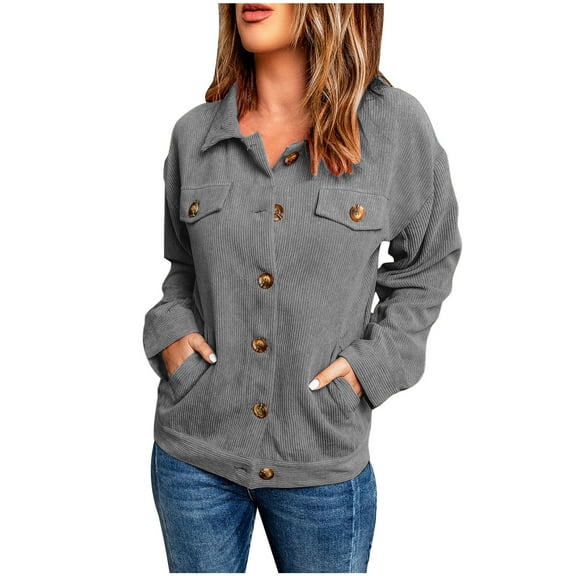 Usmixi Winter Corduroy Coat for Women Womens Shacket Casual Solid Loose Long Sleeve Button up Shirt Jacket Ladies Fall Lapel Lightweight Outerwear with Pocket Corduroy Coat Under $5