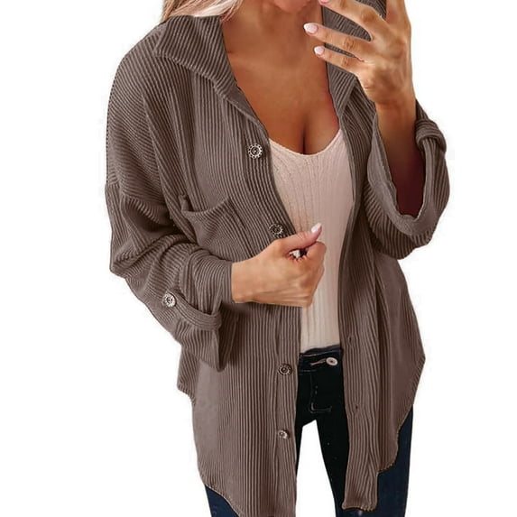 Usmixi Winter Corduroy Jacket for Women Womens Shacket Coat Long Sleeve Button Down Lapel Casual Solid Shirt Jacket Loose Pocket Fall Comfy Outerwear Corduroy Jacket Under $5