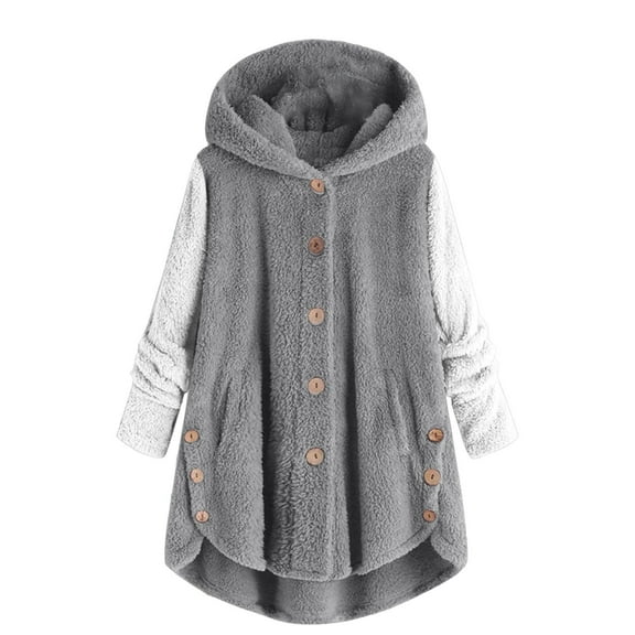 Usmixi Winter Plush Coat for Women Plus Size Hooded Overcoat for Women Fashion Color Patchwork Button Irregular Hem Outwear Cozy Fuzzy Fleece Coats with Pocket Plush Coat Under $5