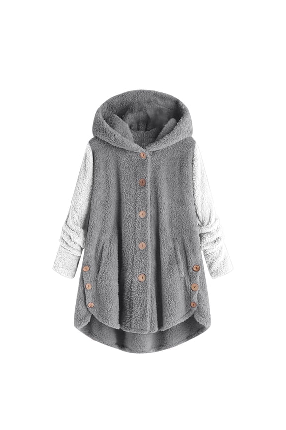 Usmixi Winter Plush Coat for Women Plus Size Hooded Overcoat for Women Fashion Color Patchwork Button Irregular Hem Outwear Cozy Fuzzy Fleece Coats with Pocket Plush Coat Under $5