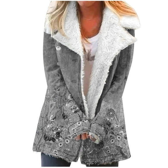 Usmixi Winter Plush Jacket for Women Womens Overcoat Lapel Warm Thickened Soft Fleece Lined Coat Long Sleeve Vintage Floral Print Button up Plush Outerwear Plush Jacket Under $5