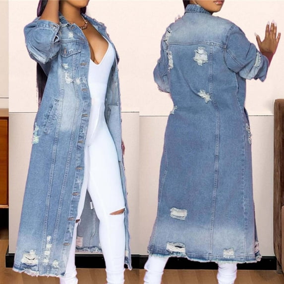 Usmixi Winter Womens Denim Jacket Long Denim Jacket for Women Trendy Distressed Ripped Boyfriend Jean Jacket Coats Long Sleeve Button Casual Plus Size Denim Overcoat with Pocket Up to 65% off