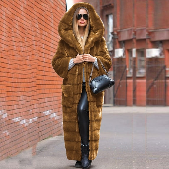 Usmixi Winter Womens Faux Fur Coat Long Coat for Women Warm Thickened Cozy Fuzzy Furry Hooded Overcoat Long Sleeve Casual Solid Fluffy Plush Coat Fleece Outwear 2023 Faux Fur Coat