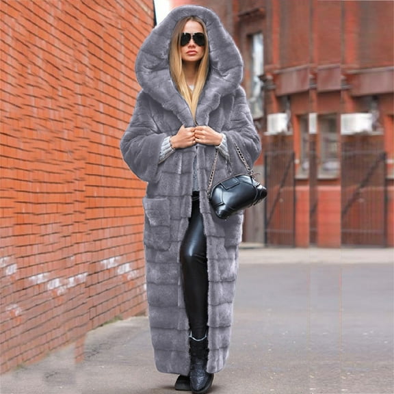 Usmixi Winter Womens Faux Fur Coat Long Coat for Women Warm Thickened Cozy Fuzzy Furry Hooded Overcoat Long Sleeve Casual Solid Fluffy Plush Coat Fleece Outwear 2023 Faux Fur Coat