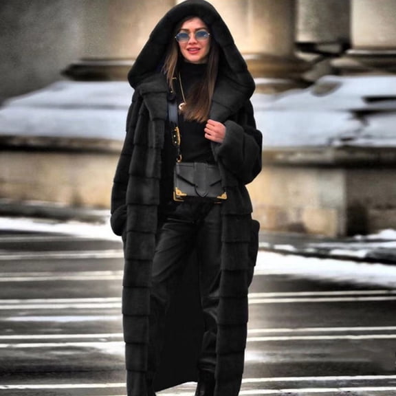 Usmixi Winter Womens Faux Fur Coat Long Coat for Women Warm Thickened Cozy Fuzzy Furry Hooded Overcoat Long Sleeve Casual Solid Fluffy Plush Coat Fleece Outwear 2023 Faux Fur Coat