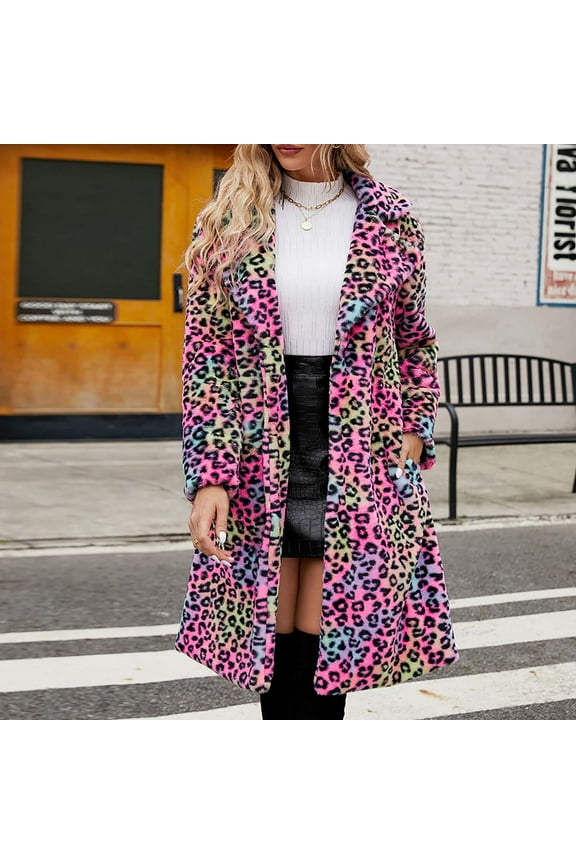 Usmixi Winter Womens Faux Furry Coat Trench Coats for Women Vintage Leopard Print Fuzzy Fleece Overcoat Warm Thickened Open Front Lapel Fluffy Plush Outerwear 2023 Faux Furry Coat