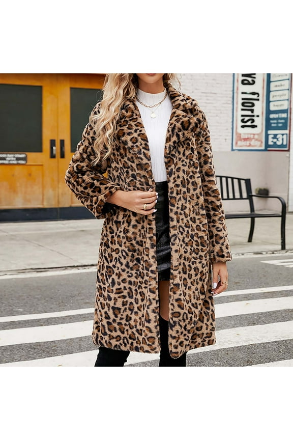 Usmixi Winter Womens Faux Furry Coat Trench Coats for Women Vintage Leopard Print Fuzzy Fleece Overcoat Warm Thickened Open Front Lapel Fluffy Plush Outerwear 2023 Faux Furry Coat