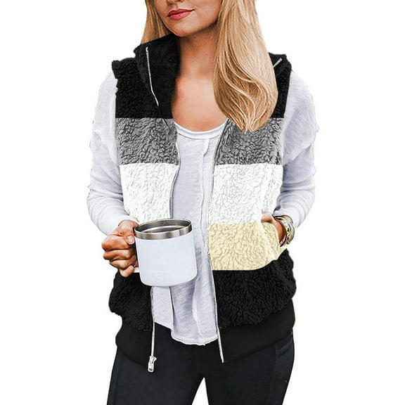 Usmixi Winter Womens Fleece Vest Plush Jacket for Women Plus Size Fashion Color Patchwork Sleeveless Vest Coat Full Zipper Stand Neck Sherpa Outwear 2023 Fleece Vest