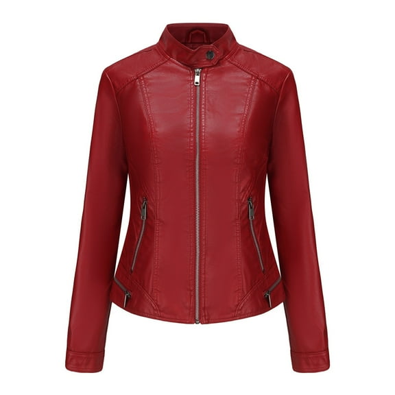 Usmixi 2023 Leather Jacket for Women Winter Faux Leather Jacket for Women Stand Collar Open Front Trendy Bomber Jacket Fall Long Sleeve Lightweight Solid PU Cropped Coat with Pocket Weekly