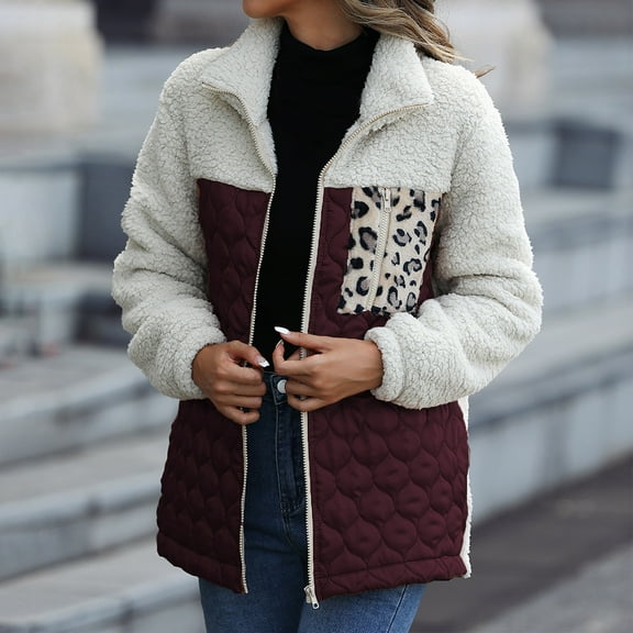 Usmixi Winter Womens Plush Coat Quilted Fleece Jacket for Women Vintage Leopard Patchwork Stand Neck Outerwear Open Zipper Plush Sweater Coat with Pocket 2023 Plush Coat