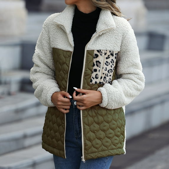 Usmixi Winter Womens Plush Coat Quilted Fleece Jacket for Women Vintage Leopard Patchwork Stand Neck Outerwear Open Zipper Plush Sweater Coat with Pocket 2023 Plush Coat