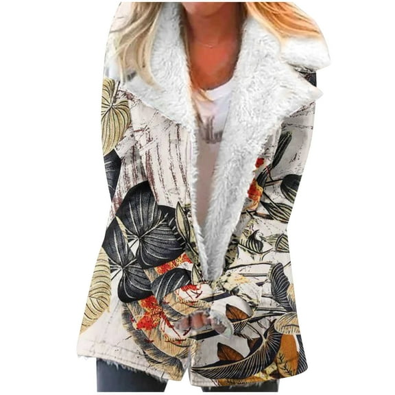 wycnly 2023 Plush Coat for Women Trench Coats for Women Warm Cozy Fleece Lined Long Sleeve Outerwear Fashion Floral Print Button Down Lapel Overcoat with Pocket Winter Plush Coat