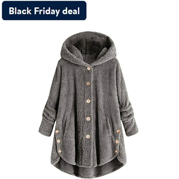 Usmixi Winter Womens Plush Coats Plus Size Overcoats for Women Winter Long Sleeve Fluffy Fleece Coats Casual Solid Button Down Loose Fuzzy Hooded Coats and Jackets Up to 65% off
