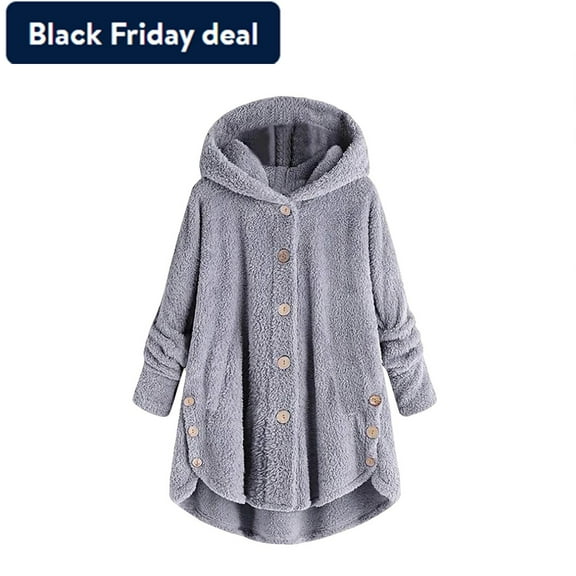 Usmixi Winter Womens Plush Coats Plus Size Overcoats for Women Winter Long Sleeve Fluffy Fleece Coats Casual Solid Button Down Loose Fuzzy Hooded Coats and Jackets Up to 65% off