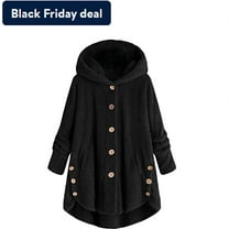 Usmixi Winter Womens Plush Coats Plus Size Overcoats for Women Winter Long Sleeve Fluffy Fleece Coats Casual Solid Button Down Loose Fuzzy Hooded Coats and Jackets Up to 65% off
