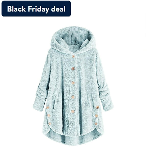 Usmixi Winter Womens Plush Coats Plus Size Overcoats for Women Winter Long Sleeve Fluffy Fleece Coats Casual Solid Button Down Loose Fuzzy Hooded Coats and Jackets Up to 65% off