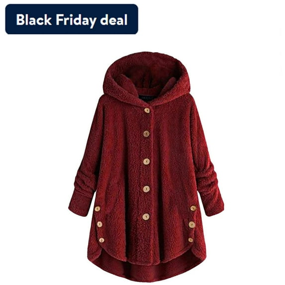 Usmixi Winter Womens Plush Coats Plus Size Overcoats for Women Winter Long Sleeve Fluffy Fleece Coats Casual Solid Button Down Loose Fuzzy Hooded Coats and Jackets Up to 65% off